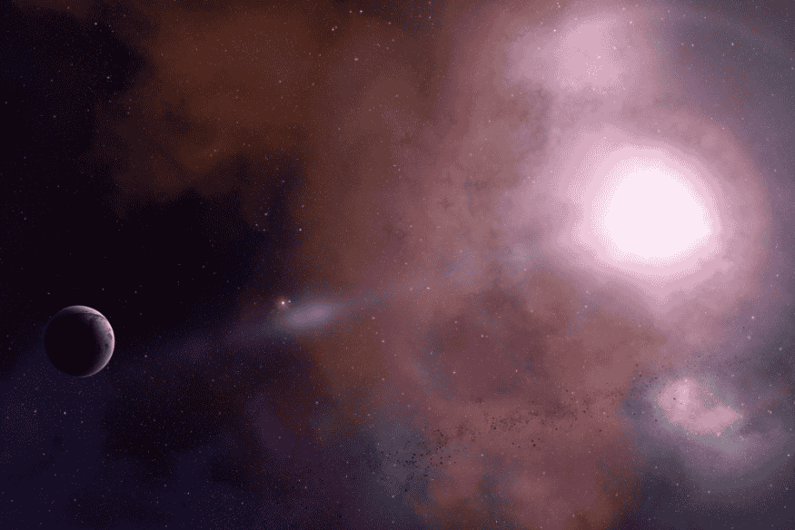 Cena espacial com pequeno planeta ou asteroide diante de estrela brilhante, imagem conceitual sobre ameaças cósmicas e defesa planetária.