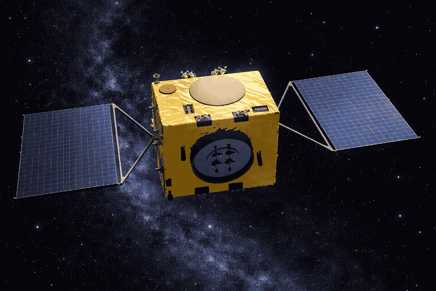 Nave espacial Hera com painéis solares abertos no espaço profundo, ilustração sobre a missão de defesa planetária da ESA.