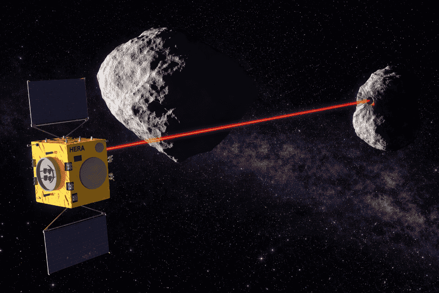 Sonda Hera observando sistema binário de asteroides no espaço, com feixe de medição entre os corpos para análise de defesa planetária.