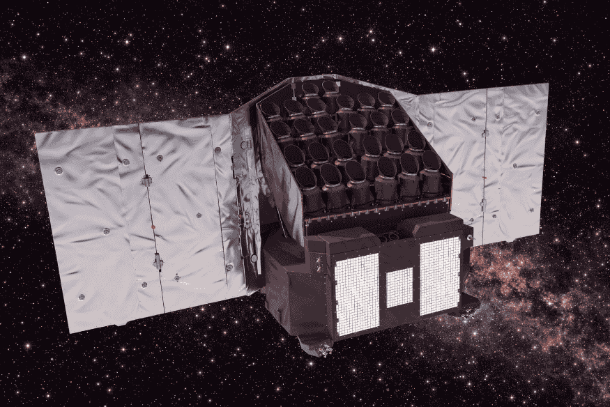 Observatório espacial Plato com painéis abertos no espaço, ilustração da missão europeia voltada à descoberta de exoplanetas e novas Terras.