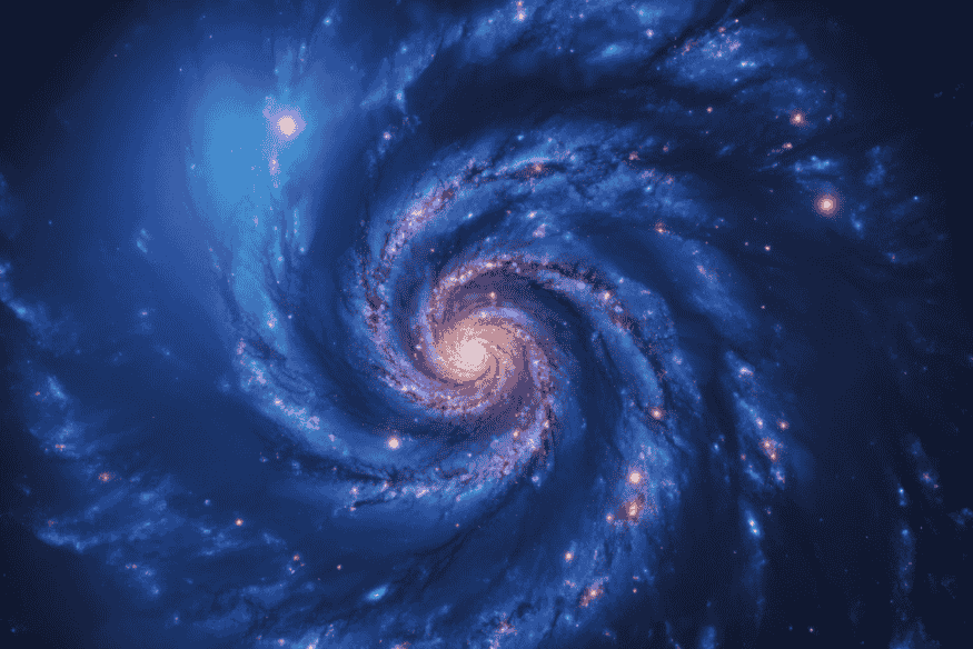 Galáxia espiral azul em cenário cósmico, imagem conceitual usada para representar o ambiente extremo onde objetos como magnetars podem ser estudados.