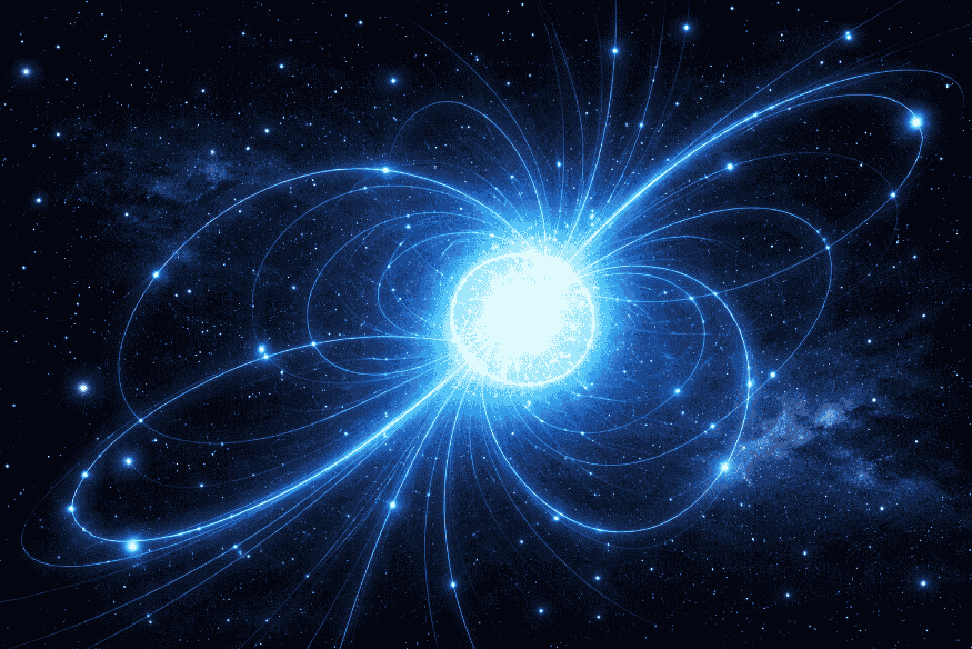 Ilustração de magnetar emitindo intenso campo magnético no espaço, com linhas luminosas ao redor de uma estrela de nêutrons extremamente energética.