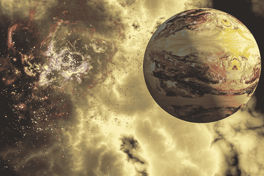 Grande planeta rochoso em tom dourado diante de uma nebulosa clara, imagem conceitual sobre planetas solitários na galáxia.