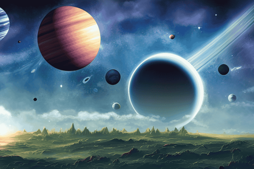 Paisagem alienígena com vários planetas no céu, incluindo um grande corpo escuro em destaque, ilustrando o conceito de planetas errantes vagando pelo espaço.