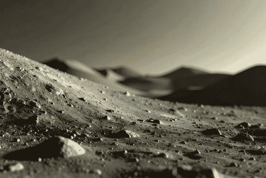 Superfície árida e rochosa de um planeta ou lua, ilustrando ambiente hostil e os limites da habitabilidade fora da Terra.