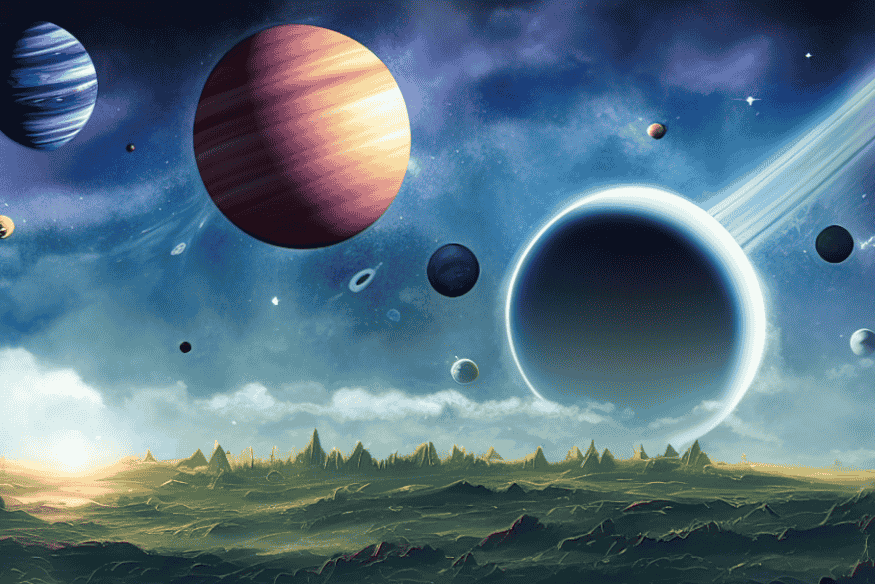 Ilustração de vários planetas em um cenário espacial, representando a busca por planetas habitáveis e as condições analisadas pela ciência.