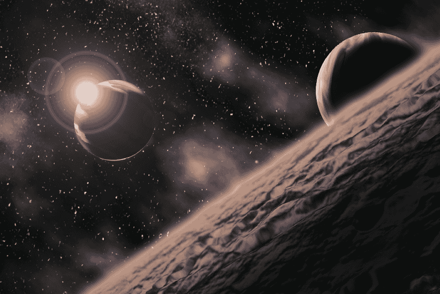 Cena espacial com planetas iluminados por uma estrela, imagem sobre zona habitável e condições necessárias para existência de vida.