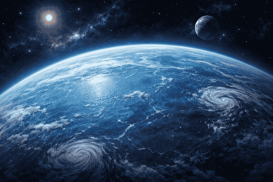 Ilustração de planeta oceânico visto do espaço, com vasta superfície coberta por água e atmosfera azulada em cenário cósmico.