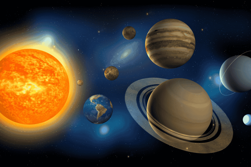 Ilustração com Sol e vários planetas do Sistema Solar, destacando mundos como Terra, Júpiter e Saturno em comparação de rotação planetária.