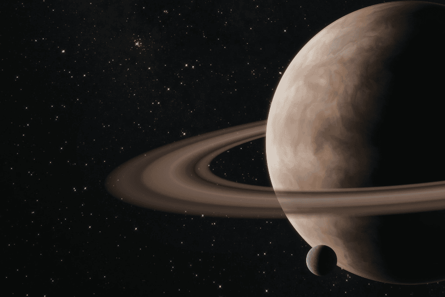 Close de Saturno com anéis e uma lua ao lado, imagem sobre a estrutura do planeta e o fato de ser menos denso que a água.