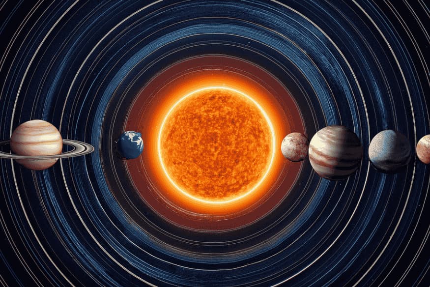 Ilustração do Sistema Solar com o Sol no centro e planetas distribuídos ao redor em suas órbitas, mostrando a organização dos planetas.