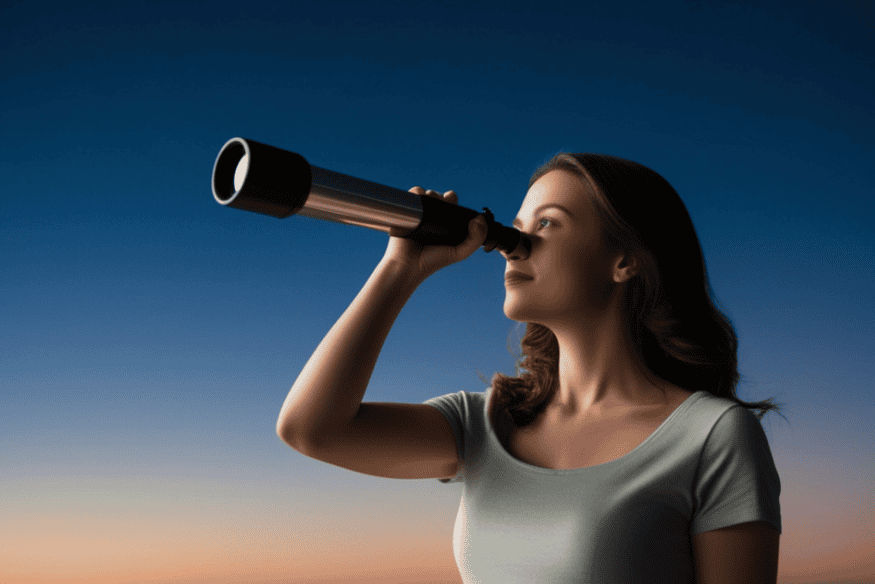 Mulher usando pequeno telescópio manual ao ar livre no início da noite, em cena que representa observação astronômica para iniciantes.