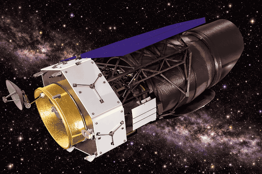 Ilustração do telescópio espacial Roman da NASA no espaço, destacando sua estrutura óptica voltada para pesquisas de cosmologia e exoplanetas.