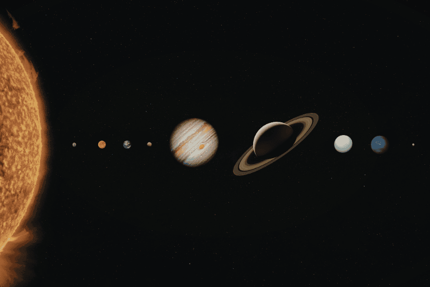 Sistema Solar com os planetas alinhados e Mercúrio na posição mais próxima do Sol, destacando sua localização orbital.