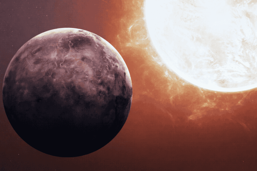 Planeta Mercúrio próximo do Sol em ilustração espacial, mostrando a pequena distância que ajuda a explicar suas temperaturas extremas.