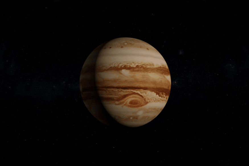 Júpiter visto no espaço com suas faixas atmosféricas e a Grande Mancha Vermelha em destaque, evidenciando as intensas tempestades do planeta.