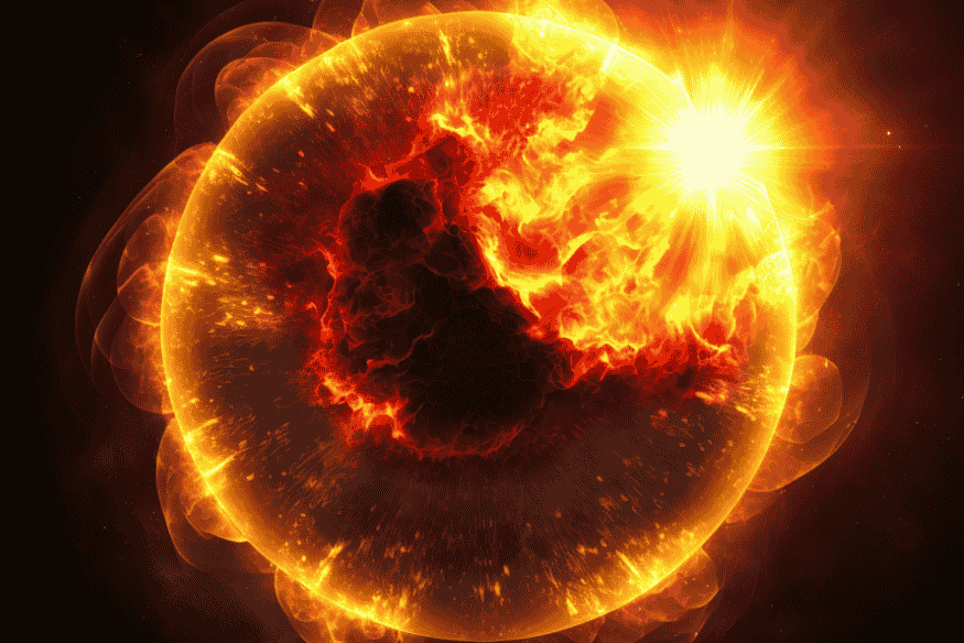 Explosão solar intensa na superfície do Sol, com liberação de energia e plasma associada a tempestades geomagnéticas que podem atingir a Terra.