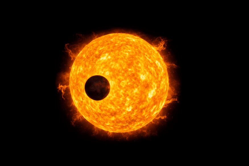 Ilustração de trânsito planetário mostrando um planeta escuro passando em frente a uma estrela luminosa no espaço.