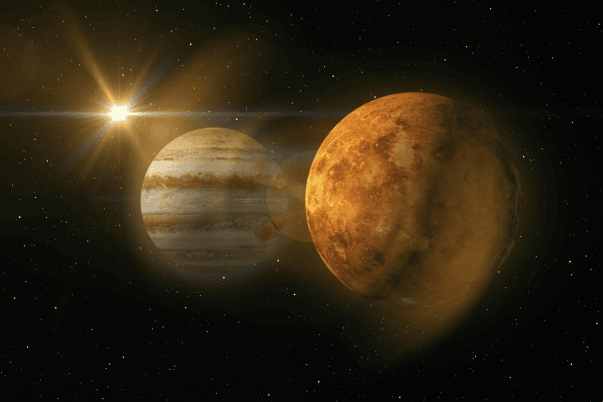 Vênus e Júpiter próximos a uma estrela brilhante, ilustração sobre diferenças entre os planetas e a rotação incomum de Vênus.