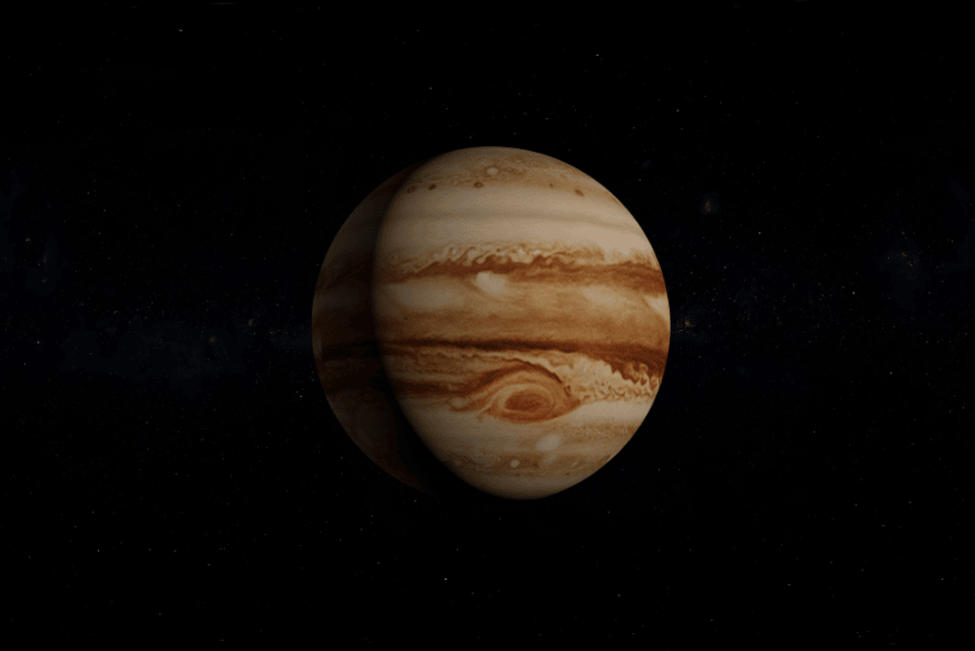 Planeta Júpiter em destaque no espaço, com faixas atmosféricas visíveis, usado para comparar a rotação de Vênus com a dos outros planetas.